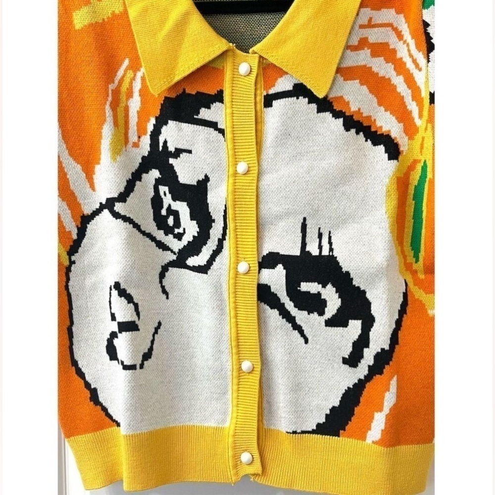 Y2k Trendy Multicolor Graphic Crop Button Up Sweater Cardigan L Cartoon Spring - Picture 7 of 11
